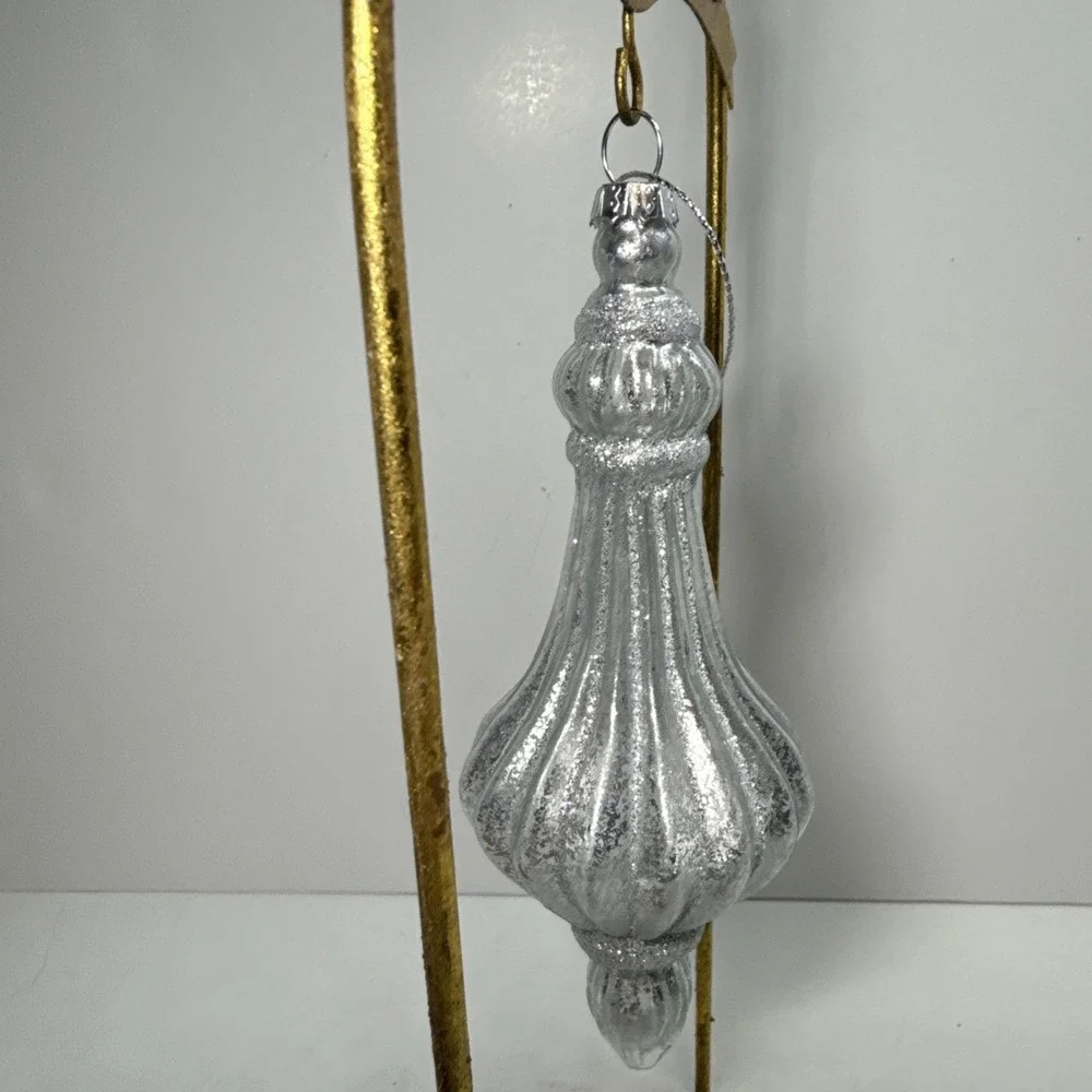Set (2)‎ Silver and glittered mercury glass blown finial shaped ornaments 6 in